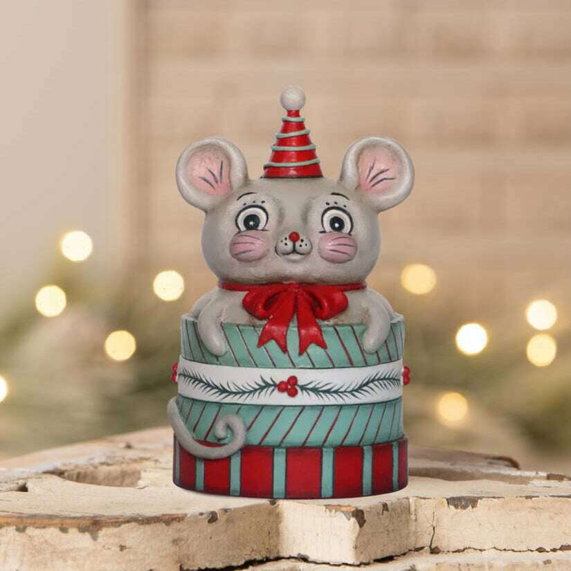 Spencer Merry Boo Christmas mouse collectible displayed with festive holiday lights