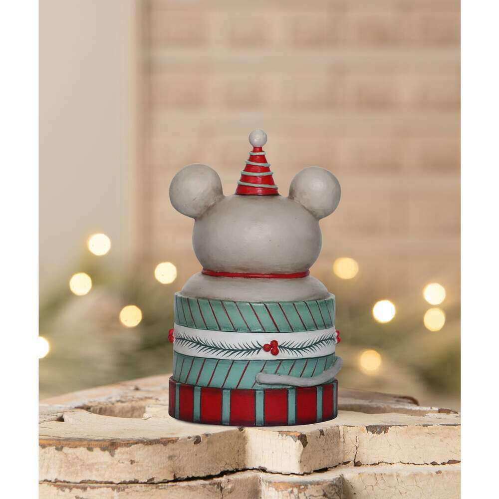Back view of Spencer Merry Boo Christmas mouse gift box by Johanna Parker