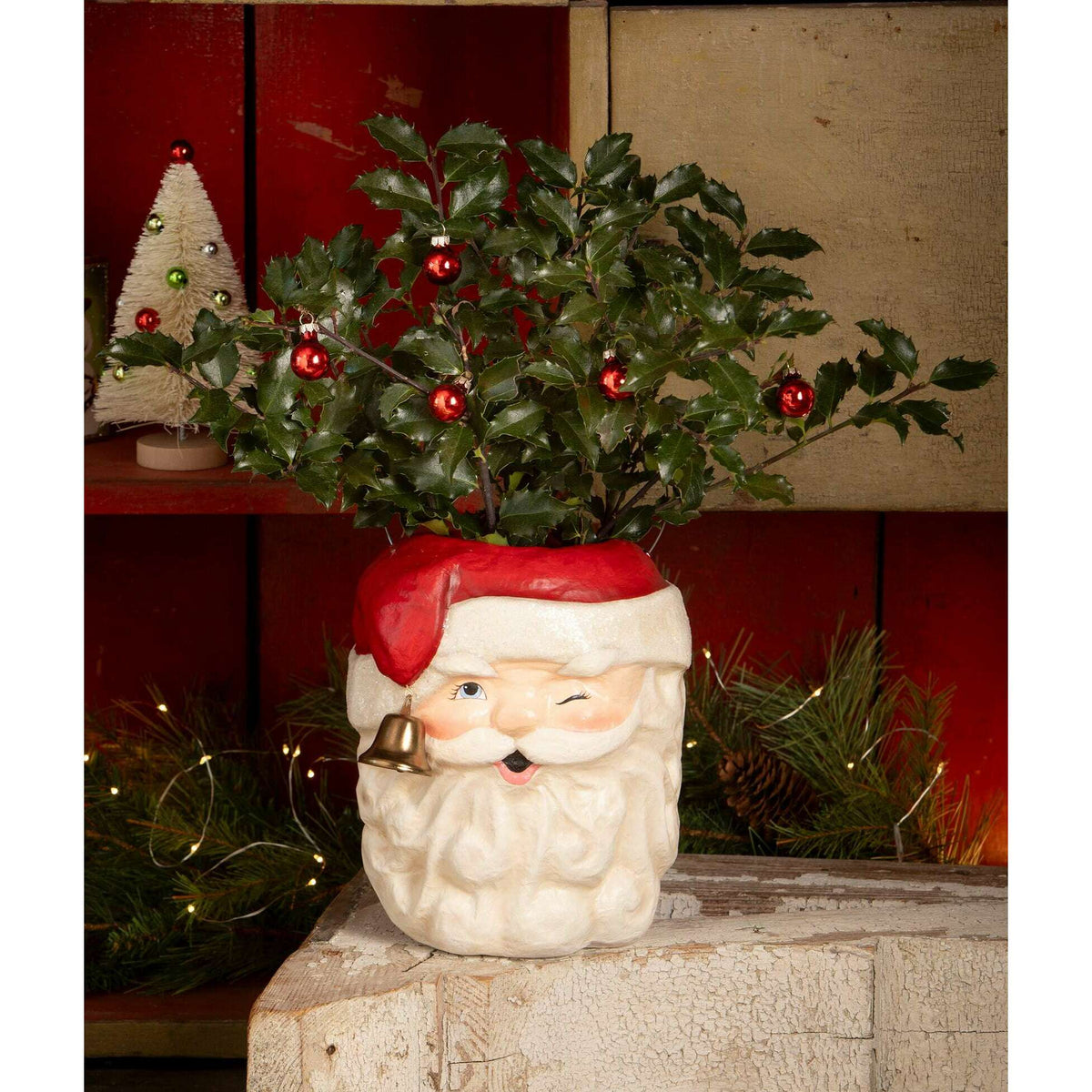 Vintage-inspired Tall Santa Christmas bucket filled with festive holiday greenery