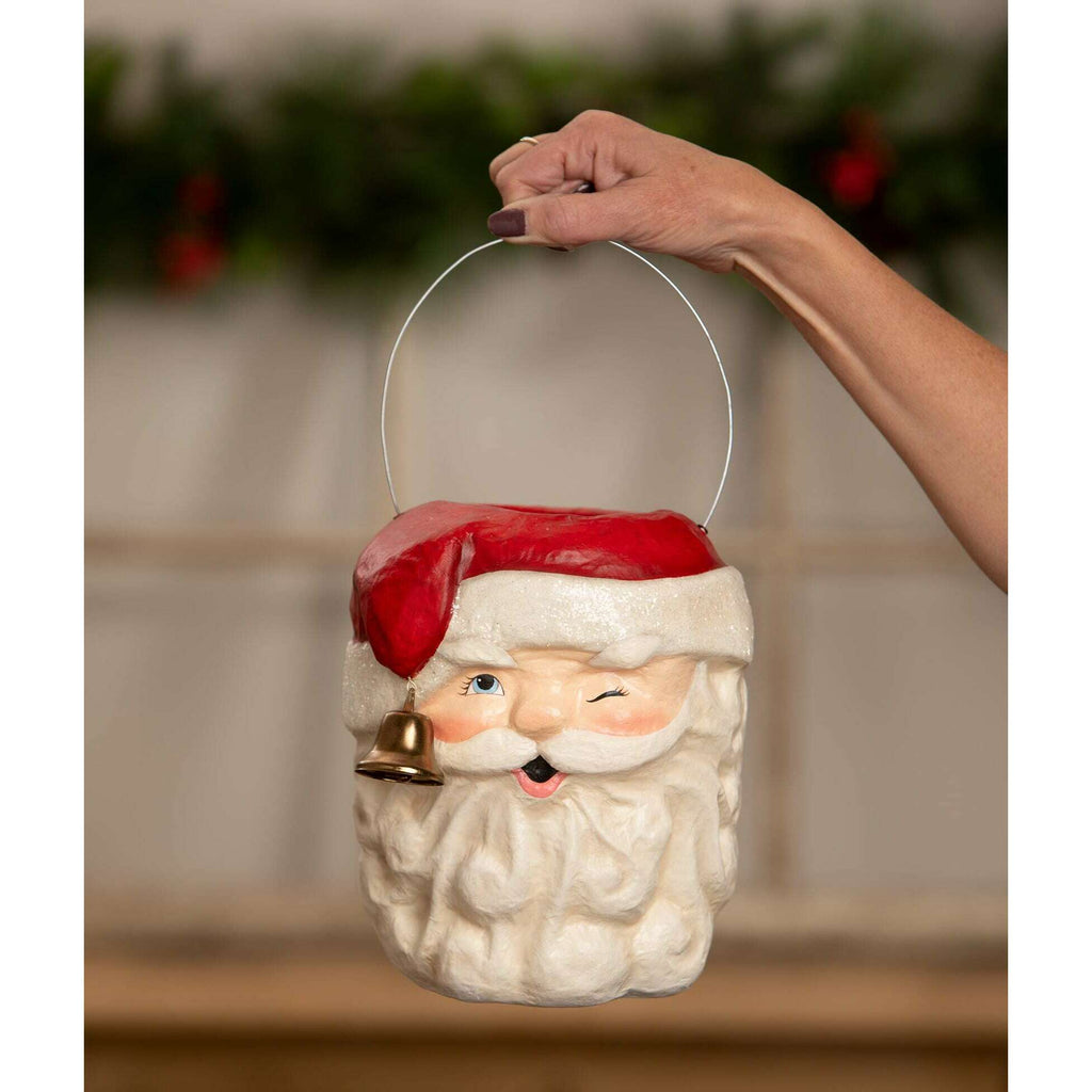 Tall Santa Christmas bucket by Bethany Lowe Designs showing open top and wire handle