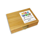 Closed bamboo watercolor set with illustrated label on the lid