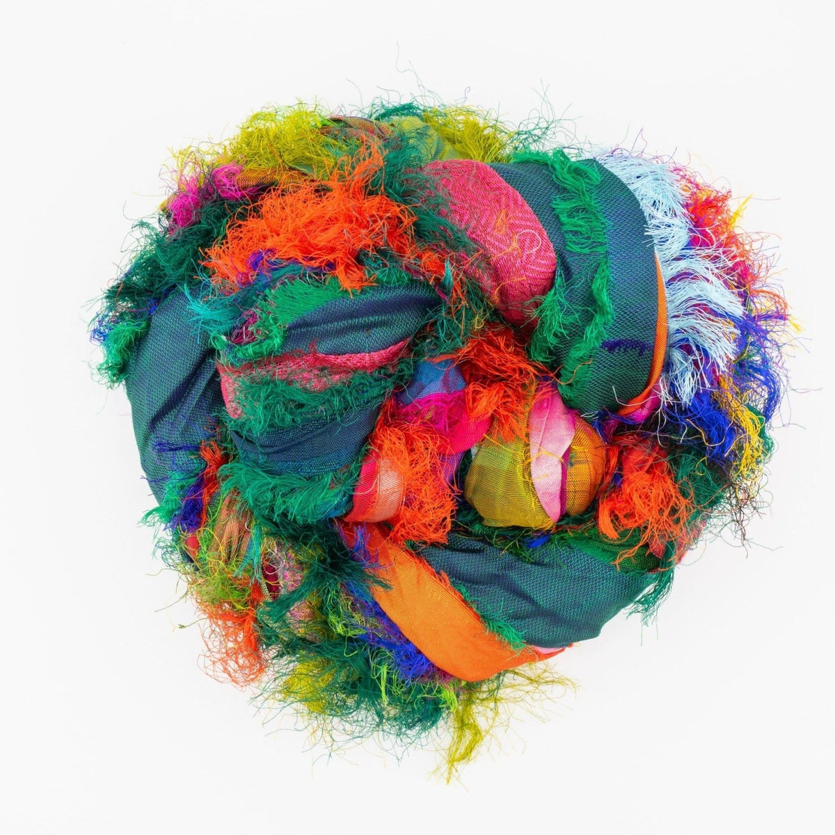 Tibet Jewels recycled sari silk ribbon ball with richly colored strands, varied widths and frayed textures