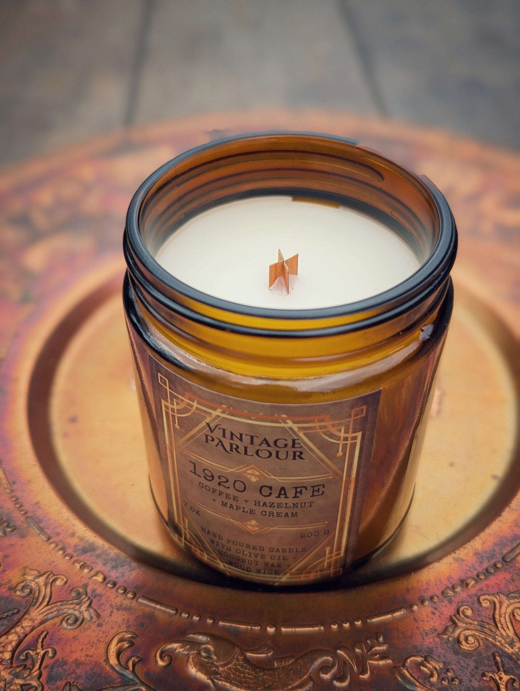 Vintage Parlour 1920s Cafe wooden wick candle in an amber glass jar on an ornate antique-style brass tray