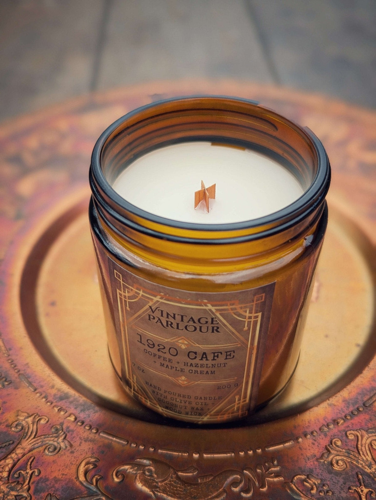 Vintage Parlour 1920s Cafe wooden wick candle in an amber glass jar on an ornate antique-style brass tray